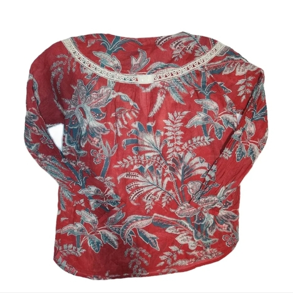 LOFT Iris Botanical Print Coral Crochet Lace Peasant Top Women's Small - Picture 4 of 6